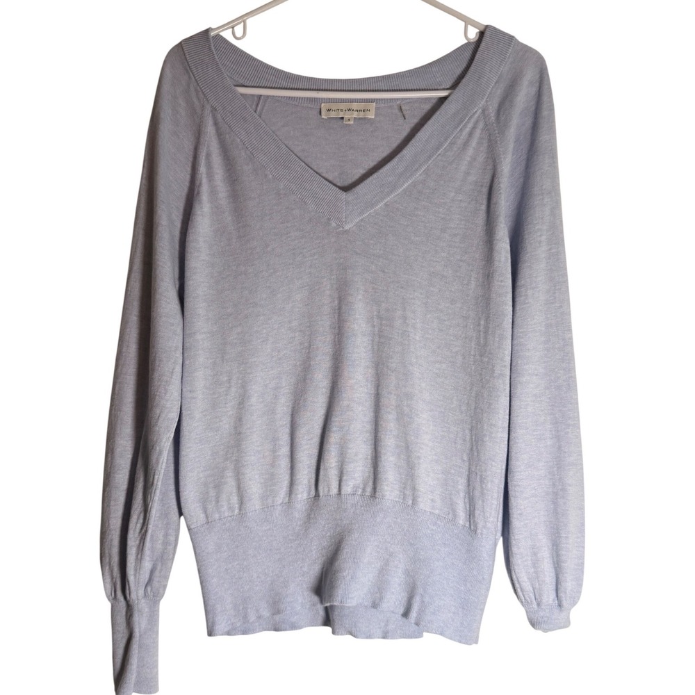 White + Warren Elegant Light Blue Cotton Silk Blend Billow Sleeve Sweater Small